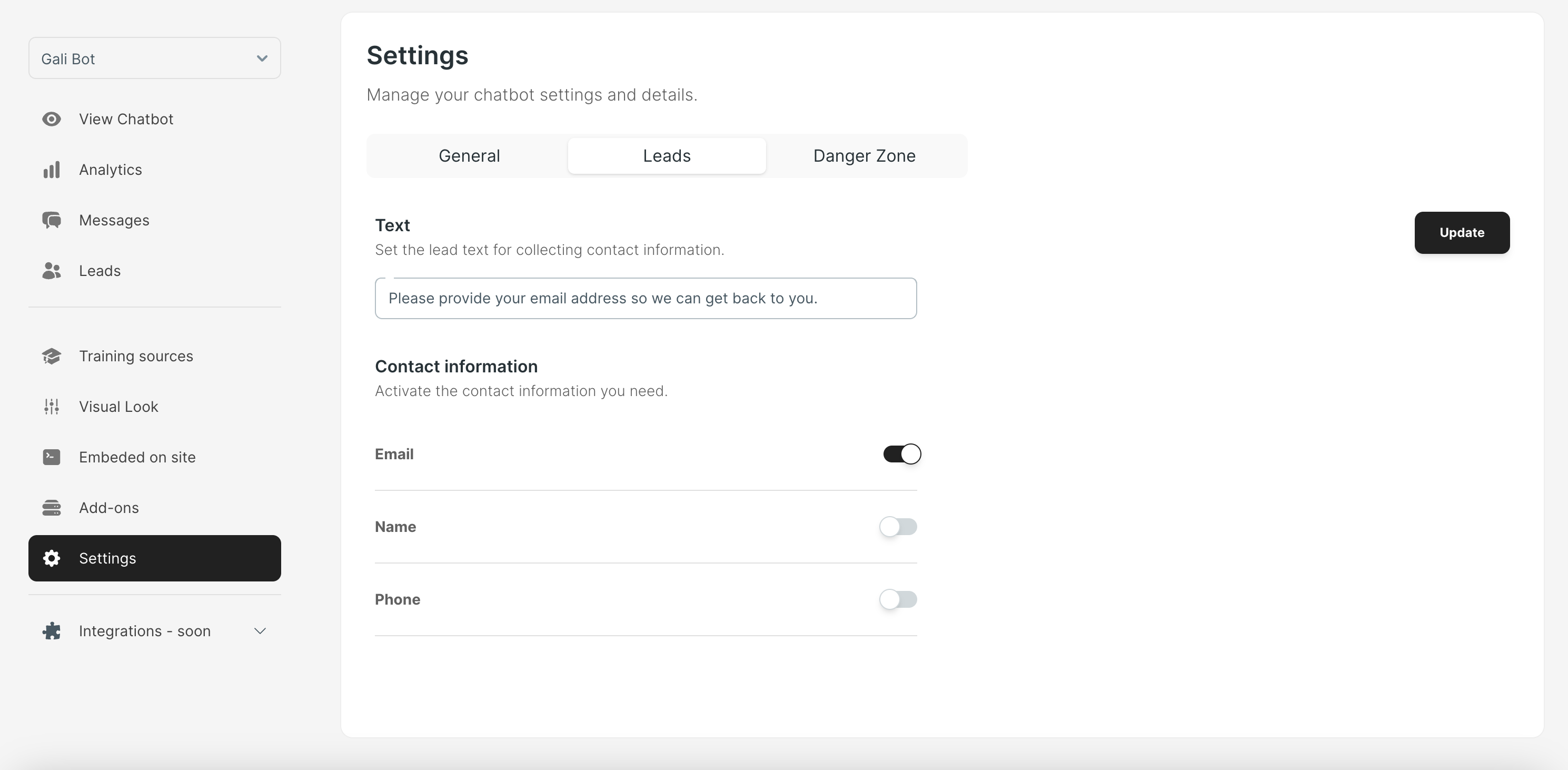 settings page