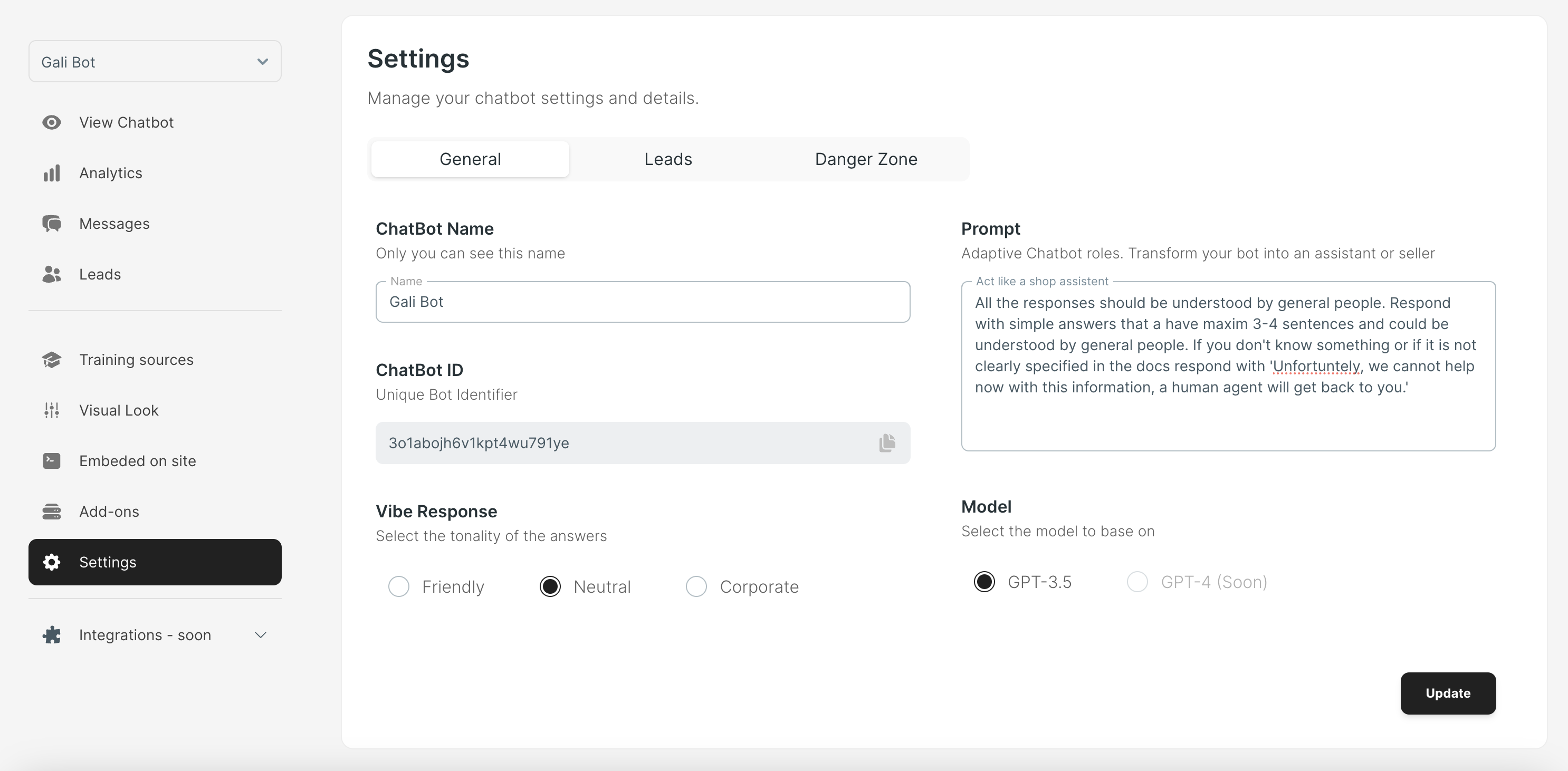 settings page